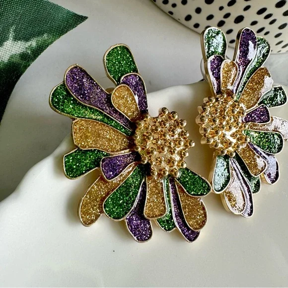 2/$30🌵 Gold Green Purple Flower Earrings Zara Large Mardi Gras Carnival NEW - Picture 6 of 10